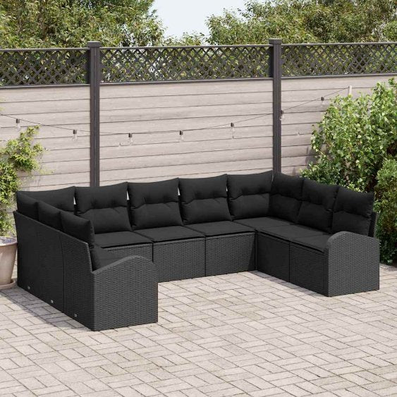 Sofa Set mit Kissen 9 pcs Schwarz Poly Rattan