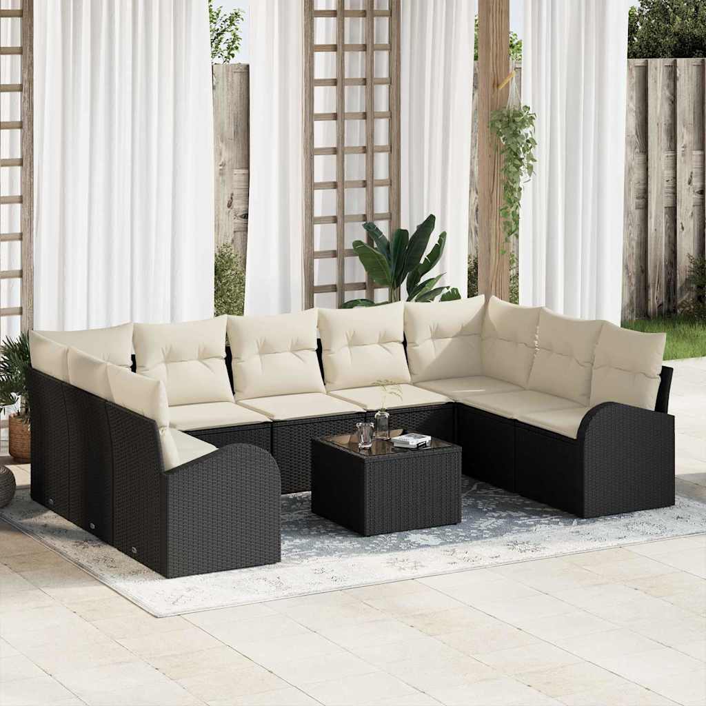 Sofa Set mit Kissen 9 pcs Schwarz Poly Rattan