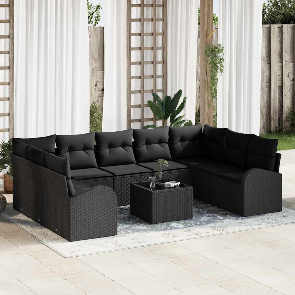 Sofa Set mit Kissen 9 pcs Schwarz Poly Rattan