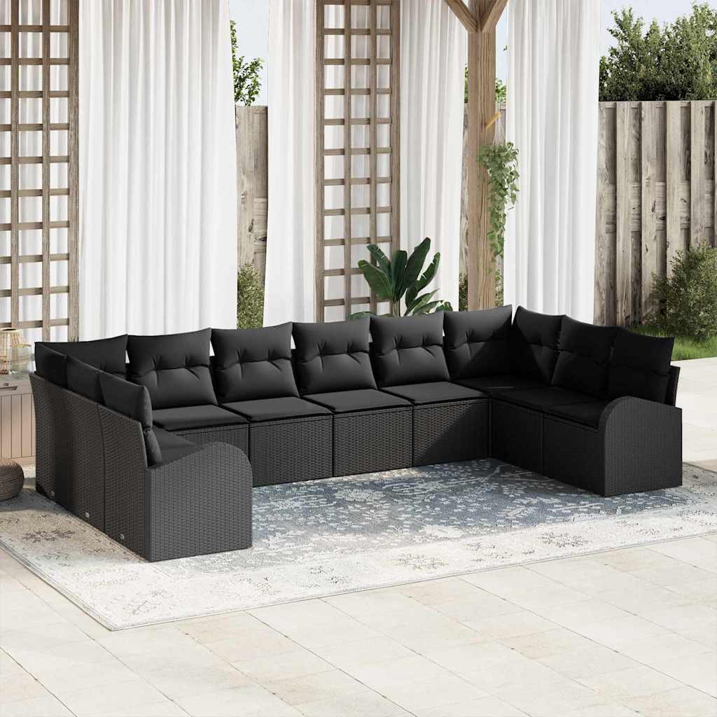 Sofa Set mit Kissen 10 pcs Schwarz Polyrattan