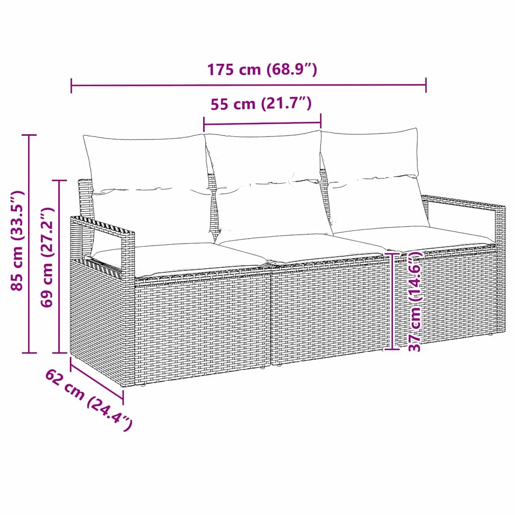 Sofa Set mit Kissen 3 pcs Schwarz Poly Rattan