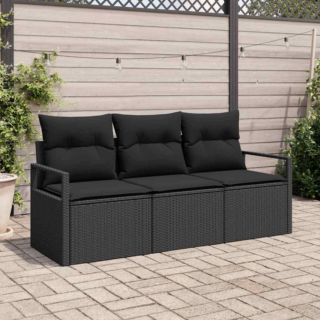 Sofa Set mit Kissen 3 pcs Schwarz Poly Rattan