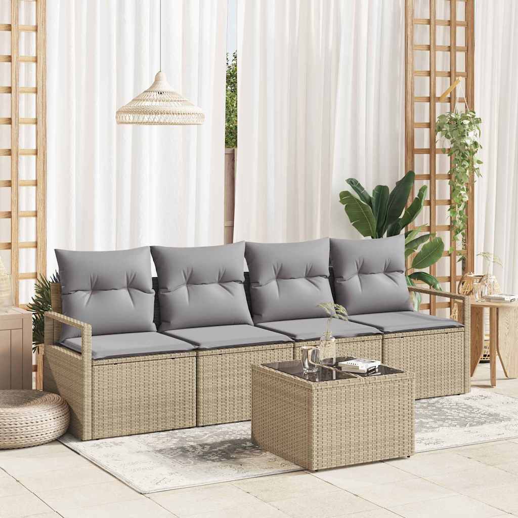 Sofa Set 5 pcs Schwarz und Creme Poly-Rattan