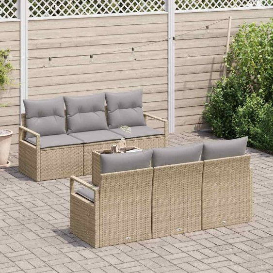 Sofa Set mit Kissen 7 pcs Schwarz und Creme Poly Rattan