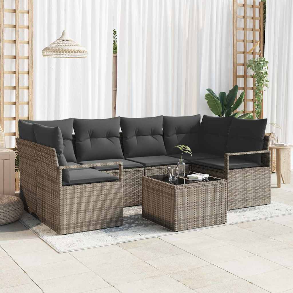 Sofa Set 7 pcs Schwarz und Creme Poly-Rattan