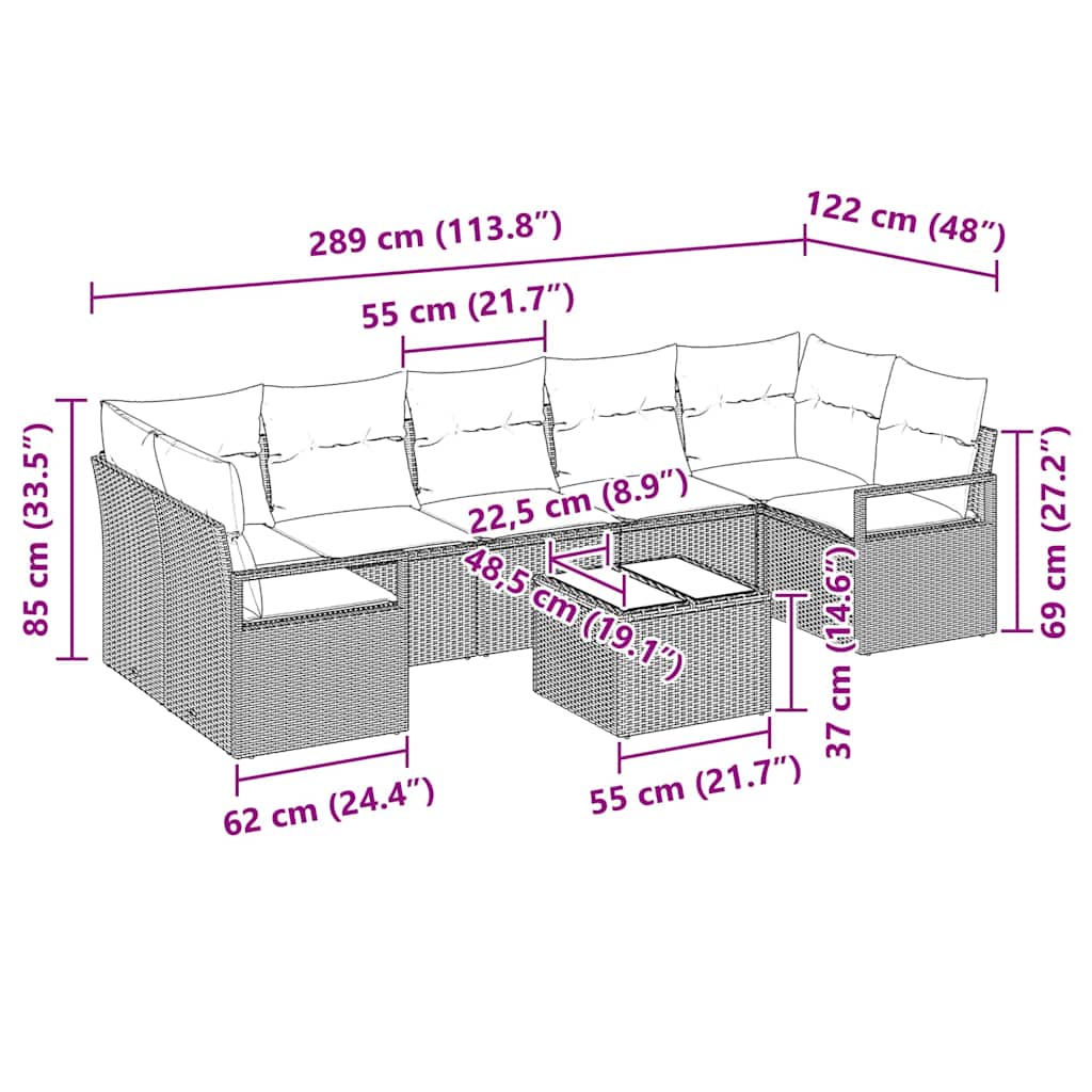 Sofa Set 8 pcs Schwarz und Creme Poly-Rattan