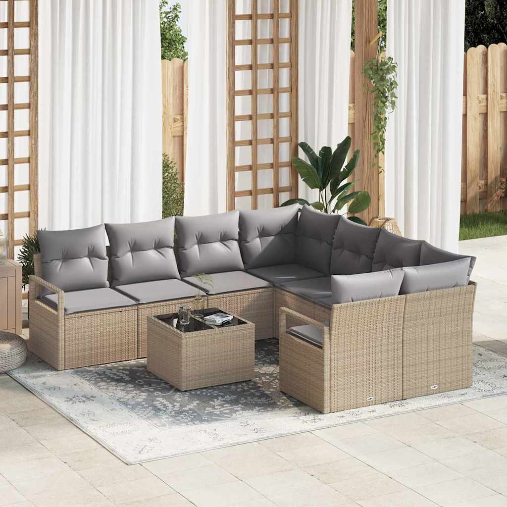 Sofa Set mit Kissen 9 pcs Schwarz und Creme Poly Rattan