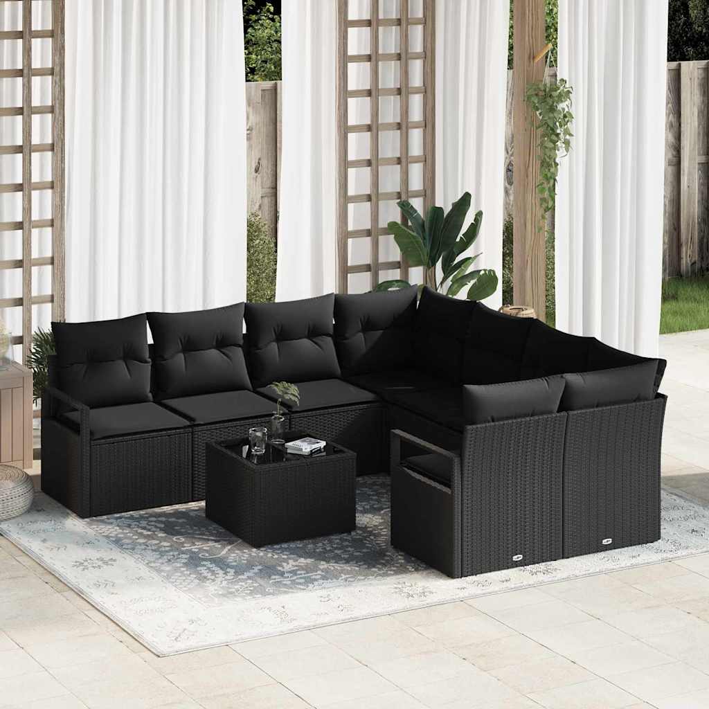 Sofa Set mit Kissen 9 pcs Schwarz und Creme Poly Rattan