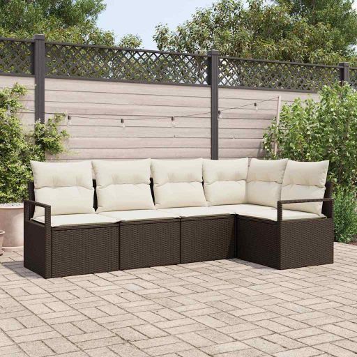 Sofa Set mit Kissen 5 pcs Schwarz Poly Rattan