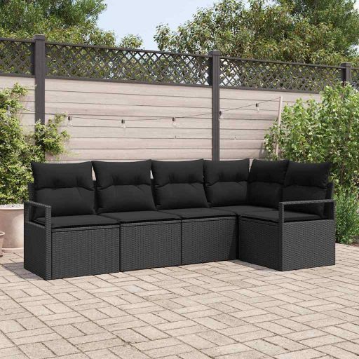 Sofa Set mit Kissen 5 pcs Schwarz Poly Rattan