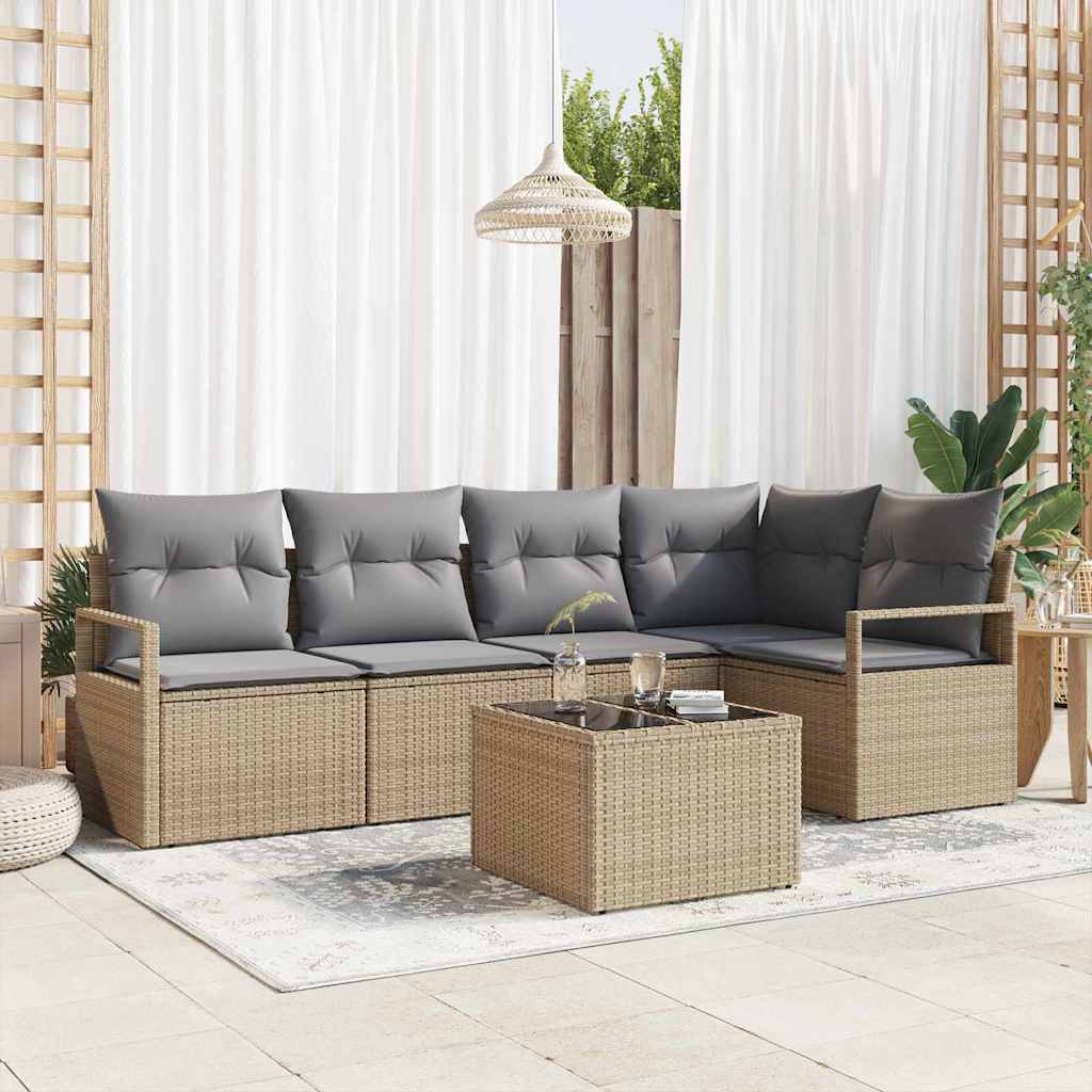 Sofa Set mit Kissen 5 pcs Schwarz Poly Rattan
