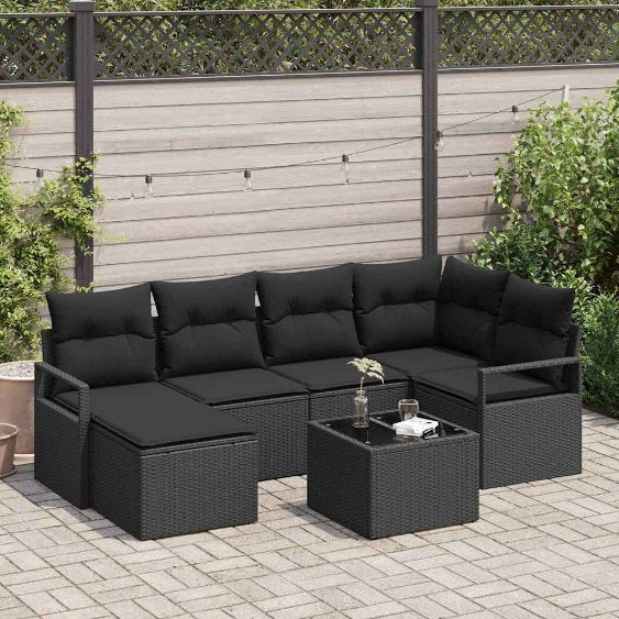 Sofa Set mit Kissen 6 pcs Schwarz Poly Rattan