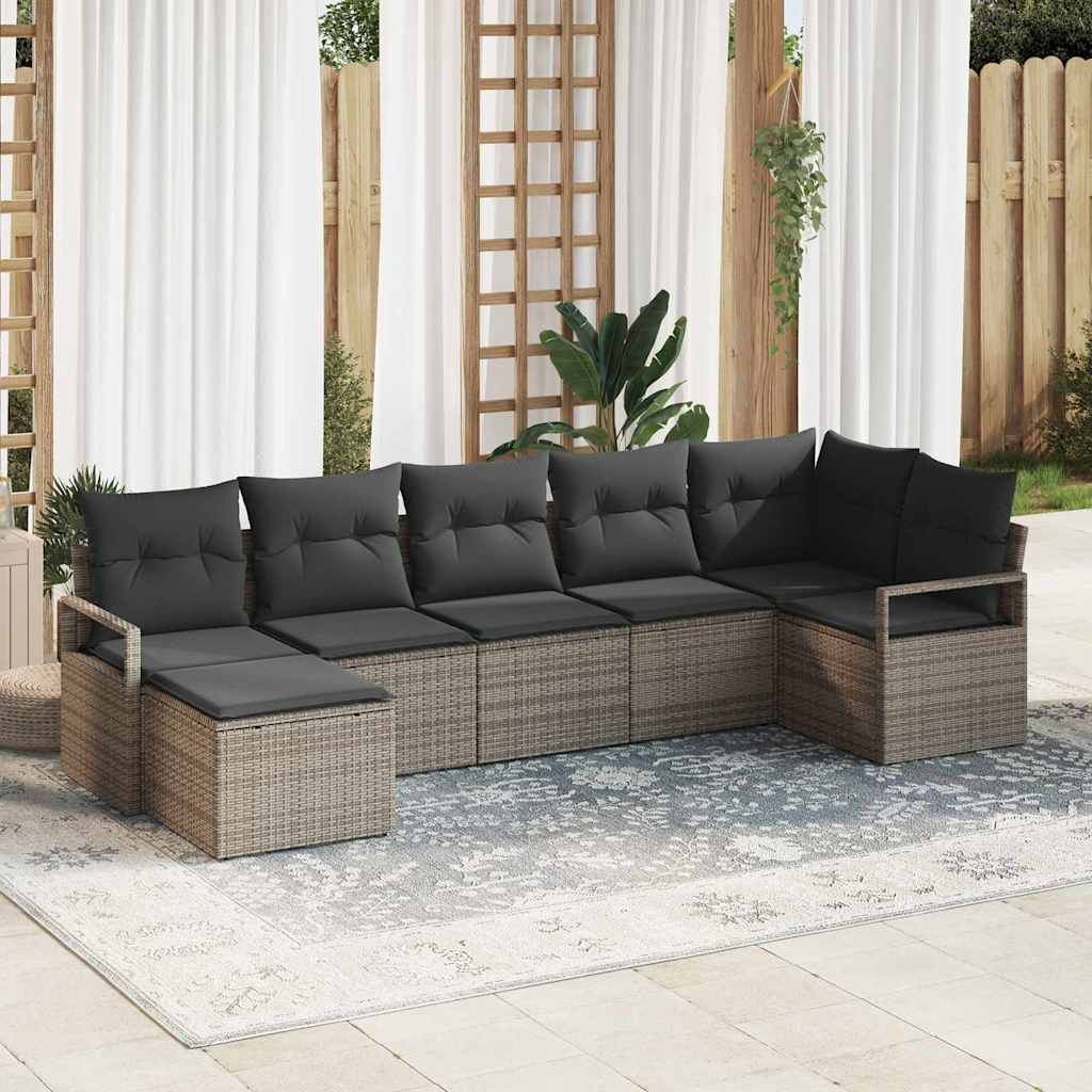 Sofa Set mit Kissen 7 pcs Schwarz Poly Rattan