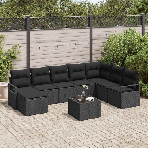 Sofa Set mit Kissen 8 pcs Schwarz Poly Rattan