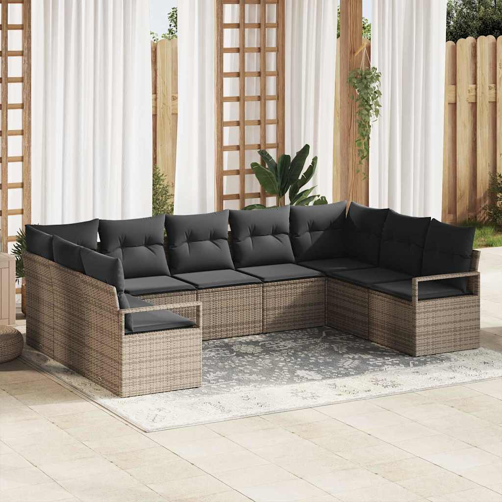 Sofa Set mit Kissen 9 pcs Schwarz Poly Rattan