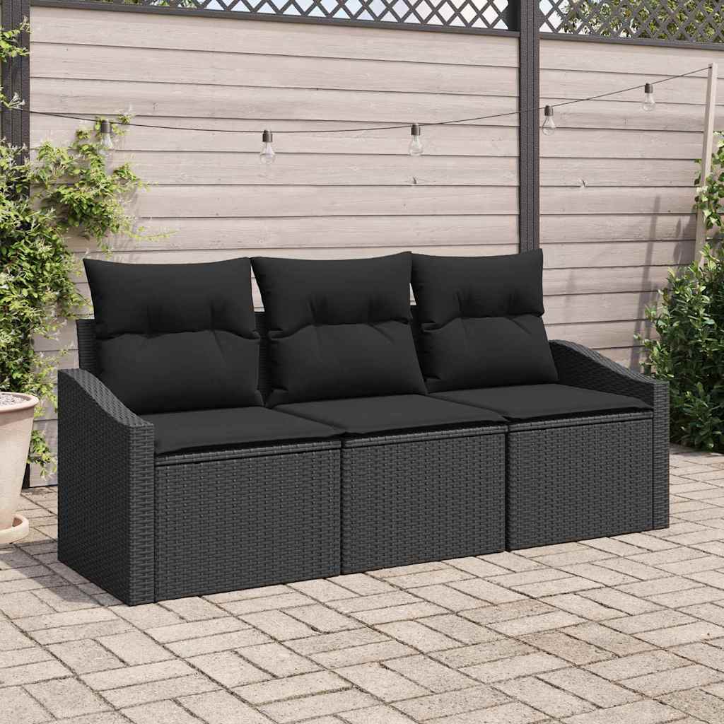 Sofa Set mit Kissen 3 pcs Schwarz Poly-Rattan