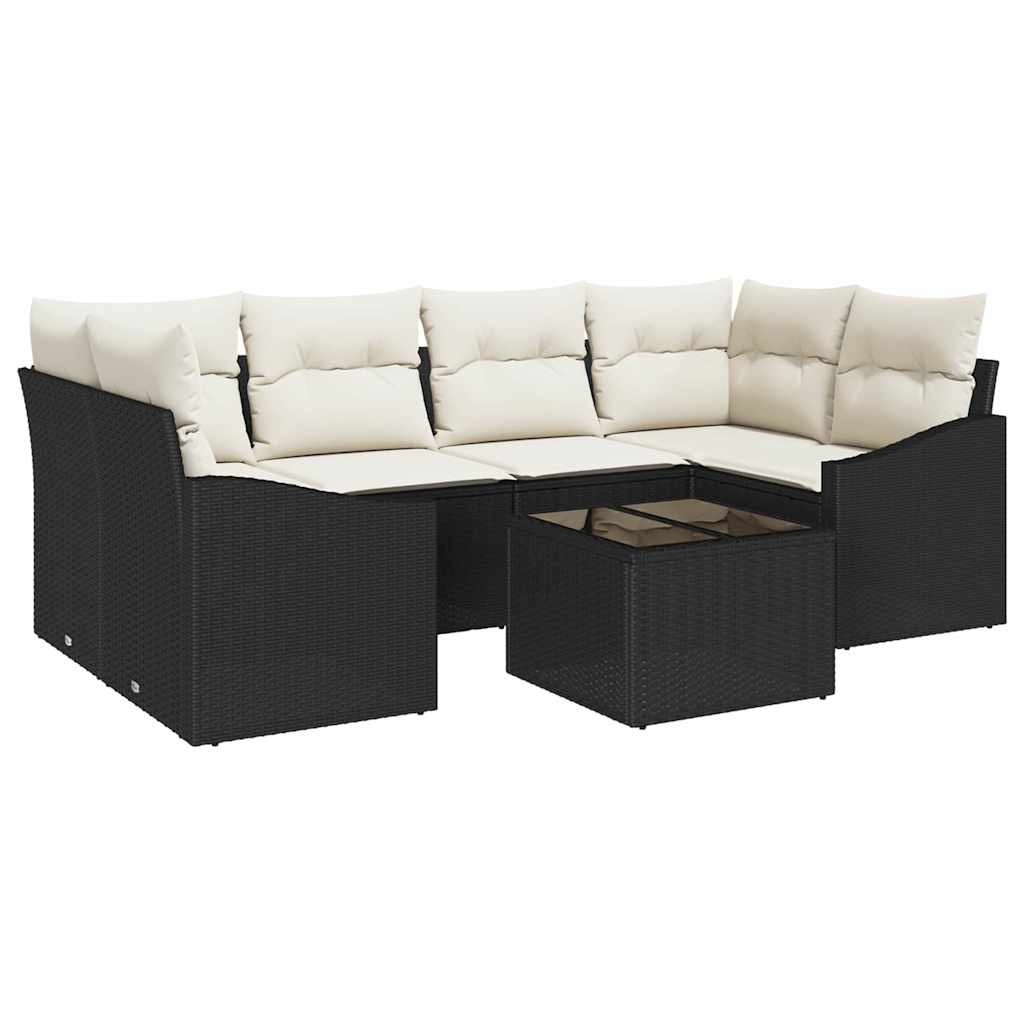 Sofa Set mit Kissen 7 pcs Schwarz und Creme Poly Rattan