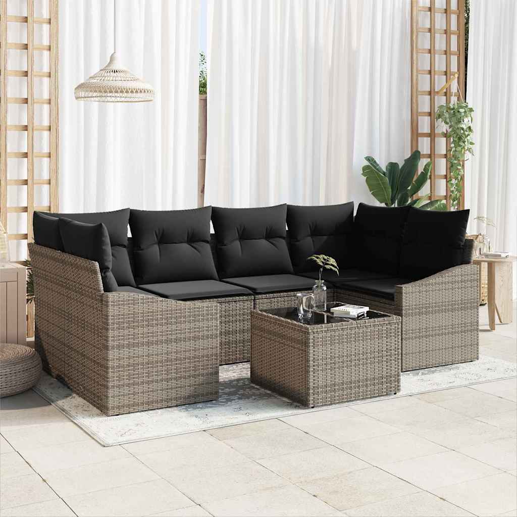 Sofa Set mit Kissen 7 pcs Schwarz und Creme Poly Rattan