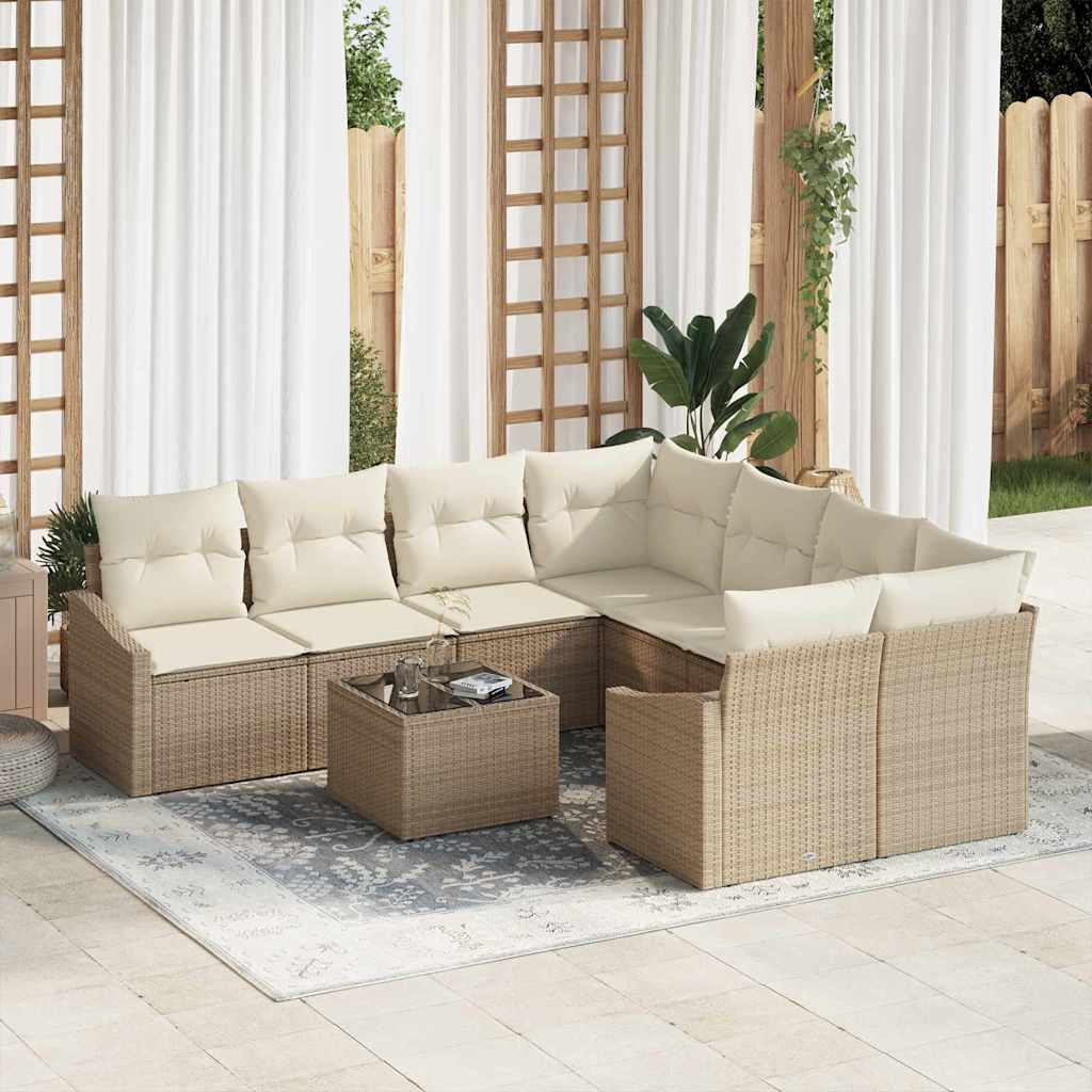 Sofa Set mit Kissen 9 pcs Schwarz und Creme Poly-Rattan