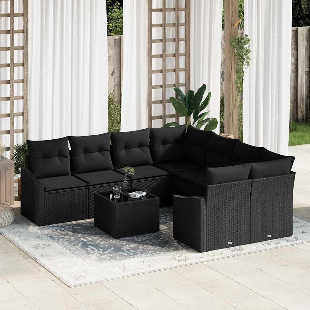 Sofa Set mit Kissen 9 pcs Schwarz und Creme Poly-Rattan