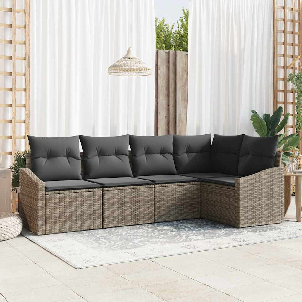 Sofa Set mit Kissen 5 pcs Schwarz Poly Rattan