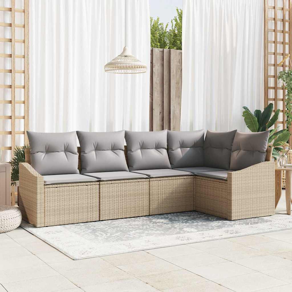 Sofa Set mit Kissen 5 pcs Schwarz Poly Rattan