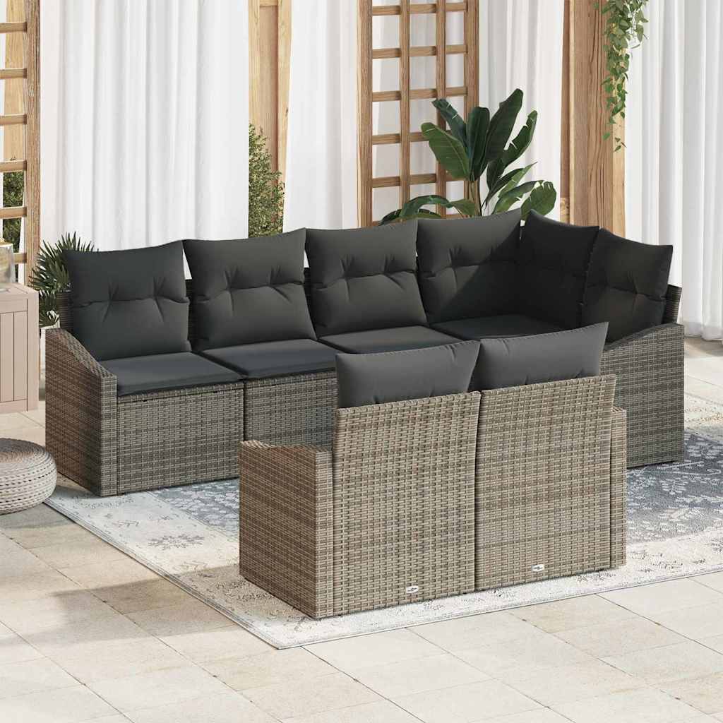 Sofa Set mit Kissen 7 pcs Schwarz Poly Rattan