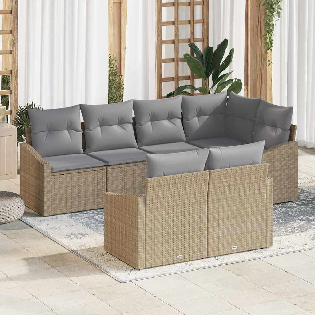 Sofa Set mit Kissen 7 pcs Schwarz Poly Rattan