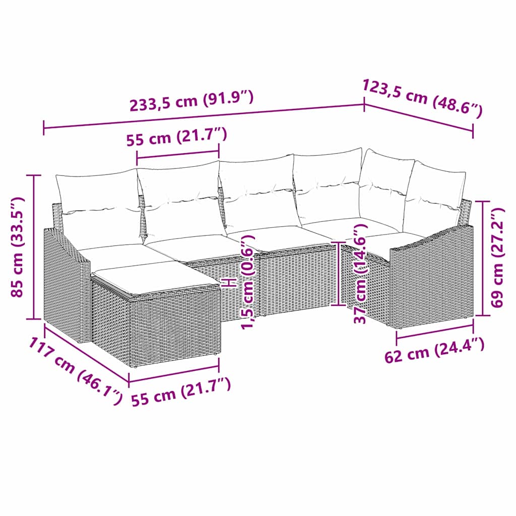 Sofa Set mit Kissen 6 pcs Schwarz Poly Rattan
