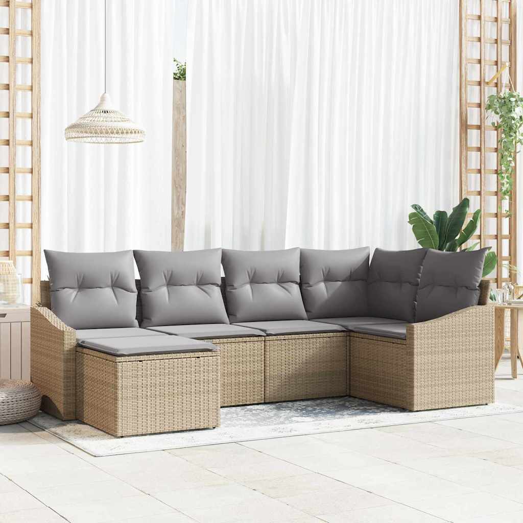 Sofa Set mit Kissen 6 pcs Schwarz Poly Rattan