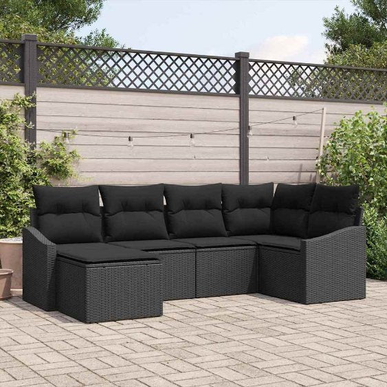Sofa Set mit Kissen 6 pcs Schwarz Poly Rattan