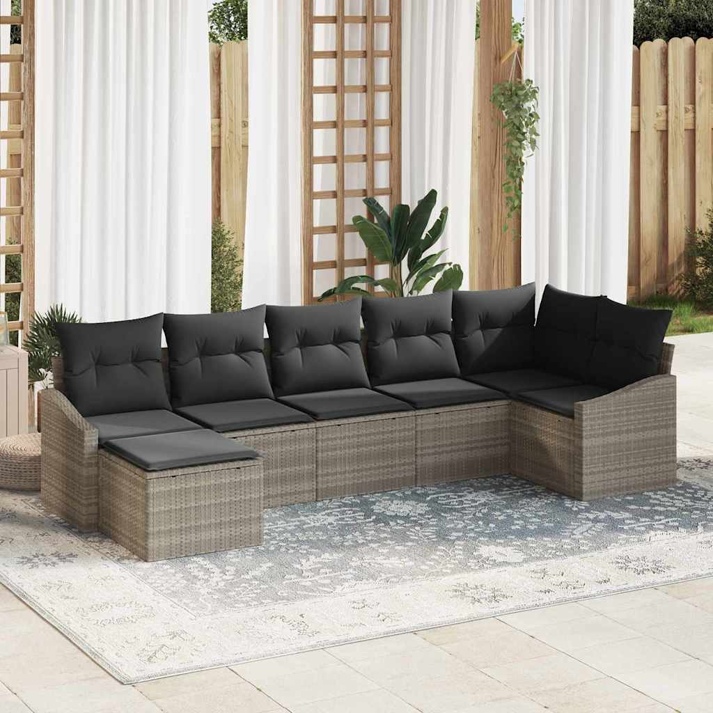 Sofa Set mit Kissen 7 pcs Schwarz Poly Rattan