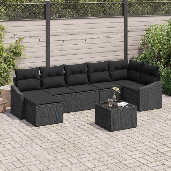 Sofa Set mit Kissen 7 pcs Schwarz Poly Rattan