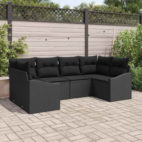 Sofa Set mit Kissen 6 pcs Schwarz Poly Rattan