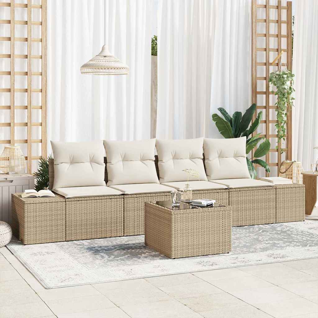 Sofa Set mit Kissen 5 pcs Schwarz und Creme Poly Rattan