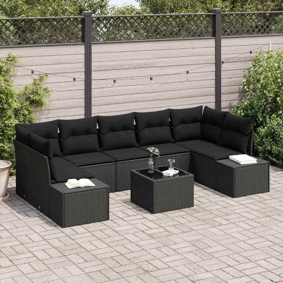 Sofa Set mit Kissen 8 pcs Schwarz Poly Rattan
