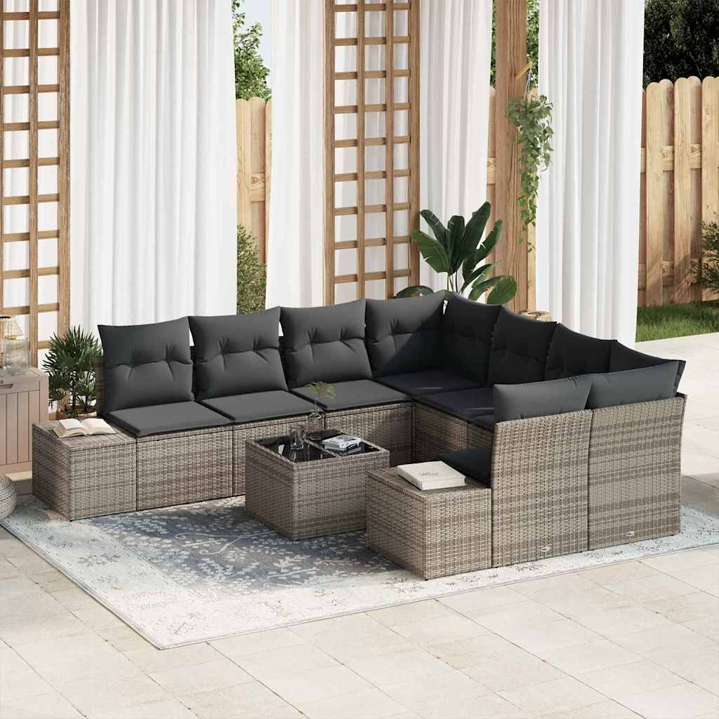 Sofa Set mit Kissen 9 pcs Schwarz Poly Rattan