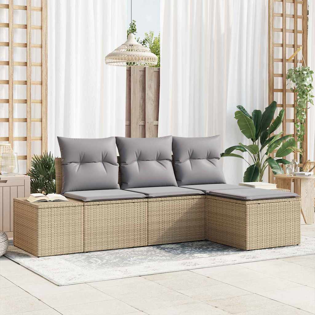 Sofa Set mit Kissen 4 pcs Schwarz Poly Rattan