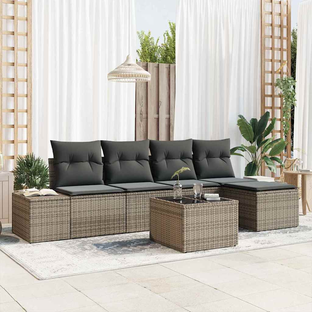 Sofa Set mit Kissen 5 pcs Schwarz Poly Rattan