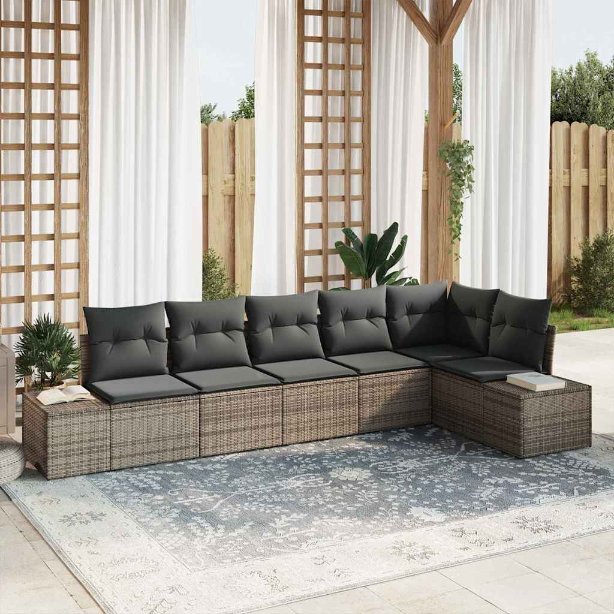 Gartensofa-set mit Kissen 6 pcs Schwarz und Creme Poly-Rattan