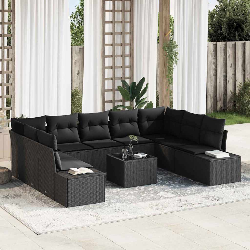 Gartensofa-set mit Kissen 9 pcs Schwarz Poly-Rattan