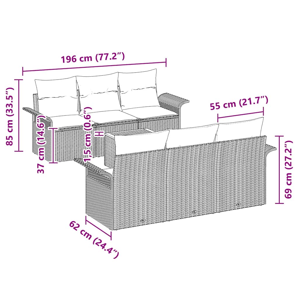 Gartensofa-set mit Kissen 7 pcs Schwarz Poly-Rattan