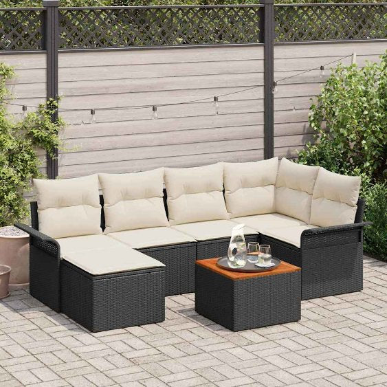 Gartensofa-set mit Kissen 7 pcs Schwarz Poly-Rattan