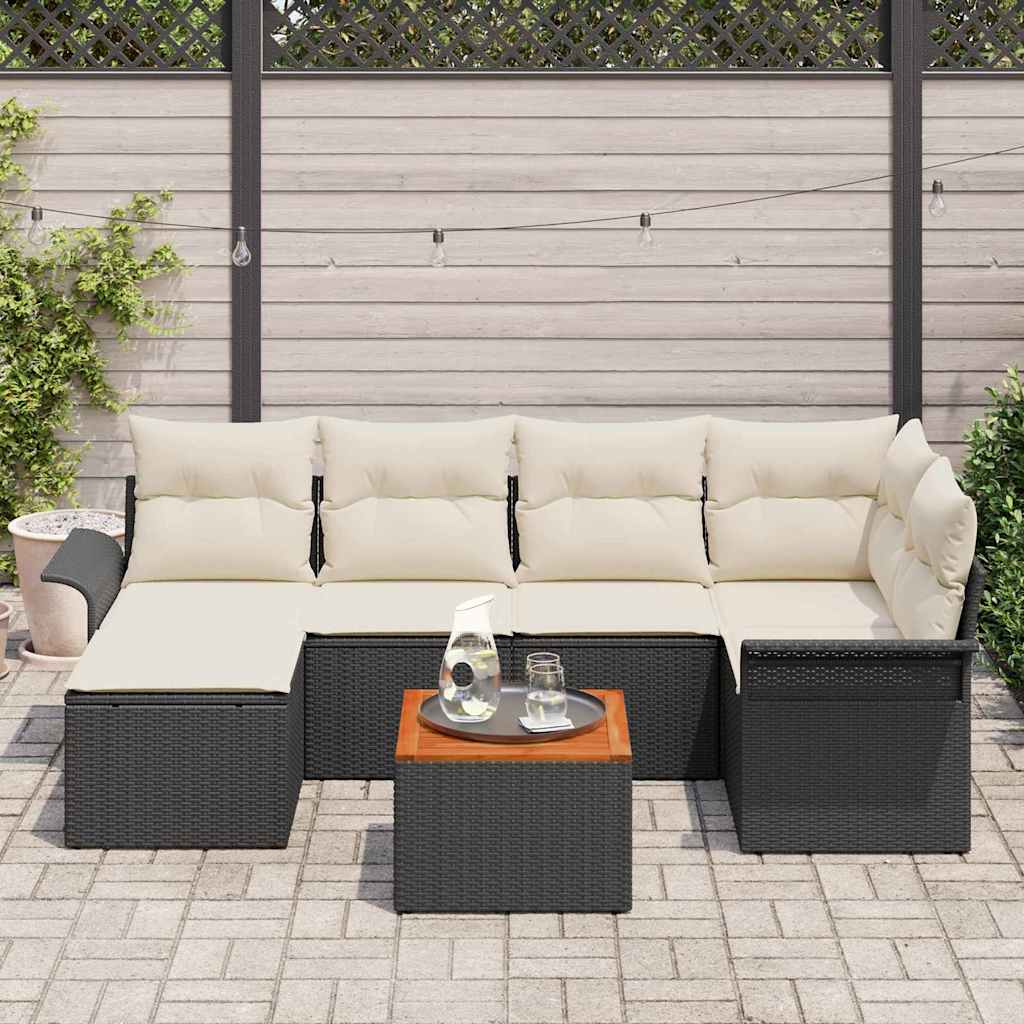 Gartensofa-set mit Kissen 7 pcs Schwarz Poly-Rattan