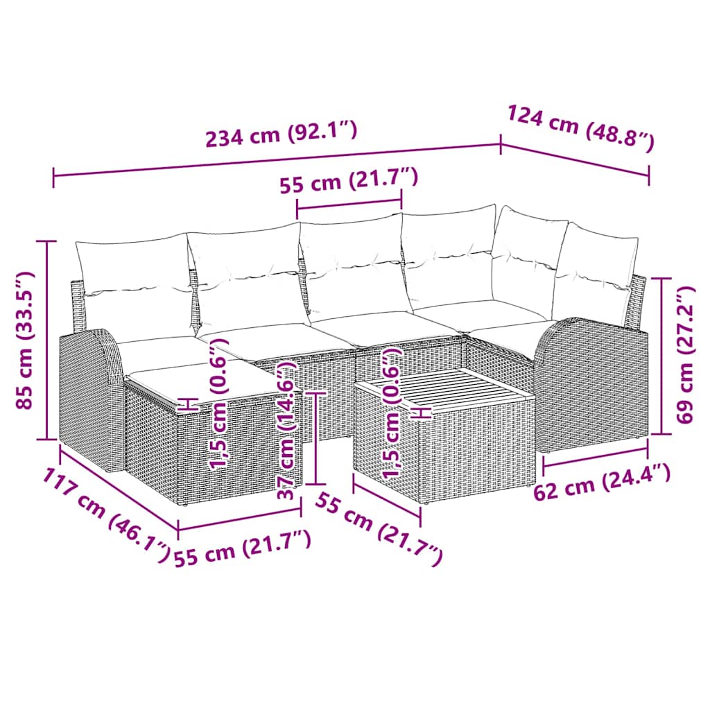 Gartensofa-set mit Kissen 7 pcs Schwarz Poly-Rattan