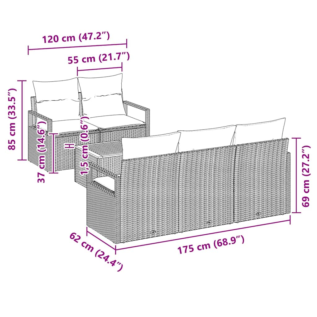 Gartensofa-set mit Kissen 6 pcs Schwarz Poly-Rattan
