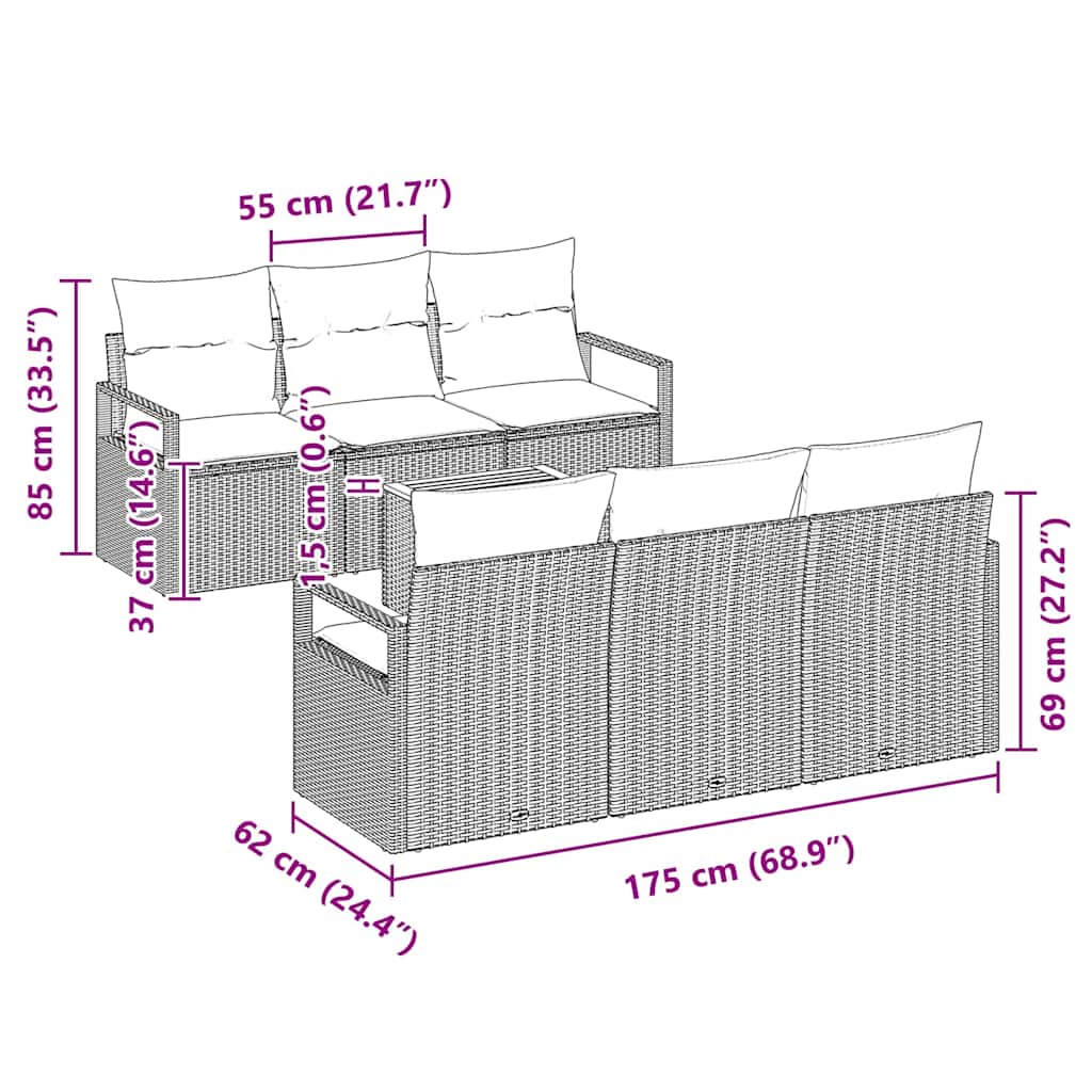 Garten-Sofa-Set mit Kissen 7 pcs Schwarz Poly Rattan