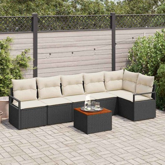 Gartensofa-set mit Kissen 7 pcs Schwarz Poly-Rattan