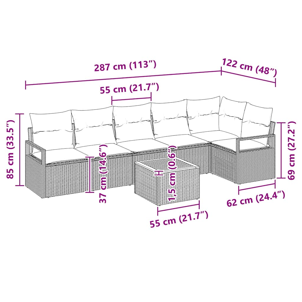Gartensofa-set mit Kissen 7 pcs Schwarz Poly-Rattan
