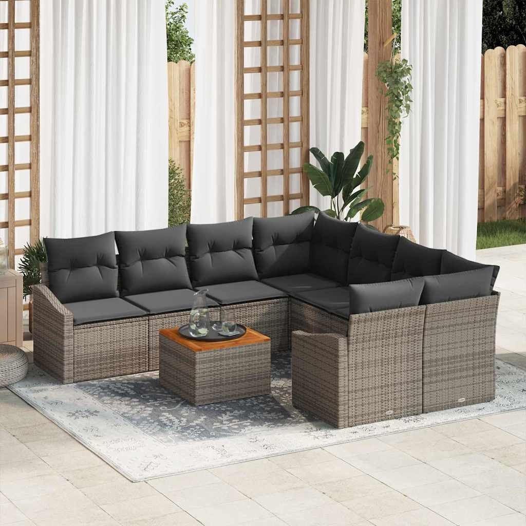 Garten-Sofa-Set mit Kissen 9 pcs Schwarz Poly Rattan